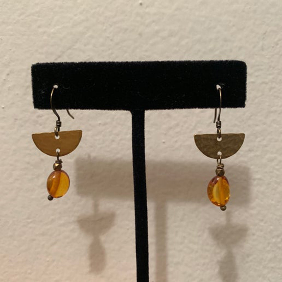Baltic Amber Hammered Brass Half Circle Earrings