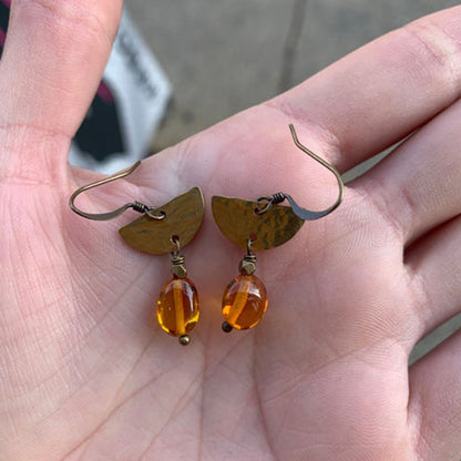 Baltic Amber Hammered Brass Half Circle Earrings