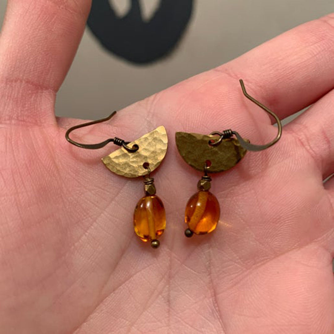 Baltic Amber Hammered Brass Half Circle Earrings