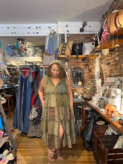 Olive patchwork maxi duster dress with tiered sleeveless design and V-neck