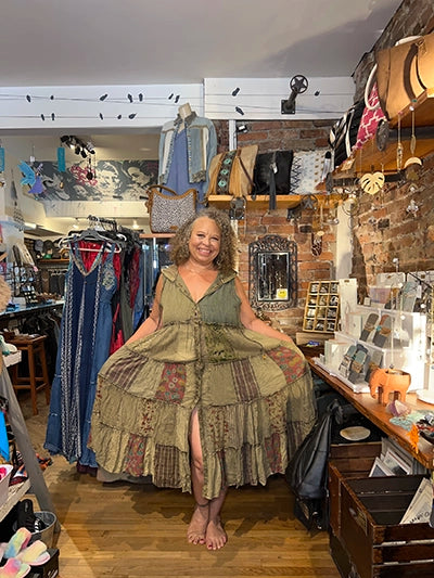 Olive patchwork maxi duster dress with flowing tiered skirt and sleeveless V-neck