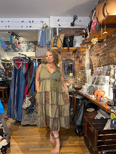 Olive patchwork maxi duster dress, sleeveless tiered panels with V-neck