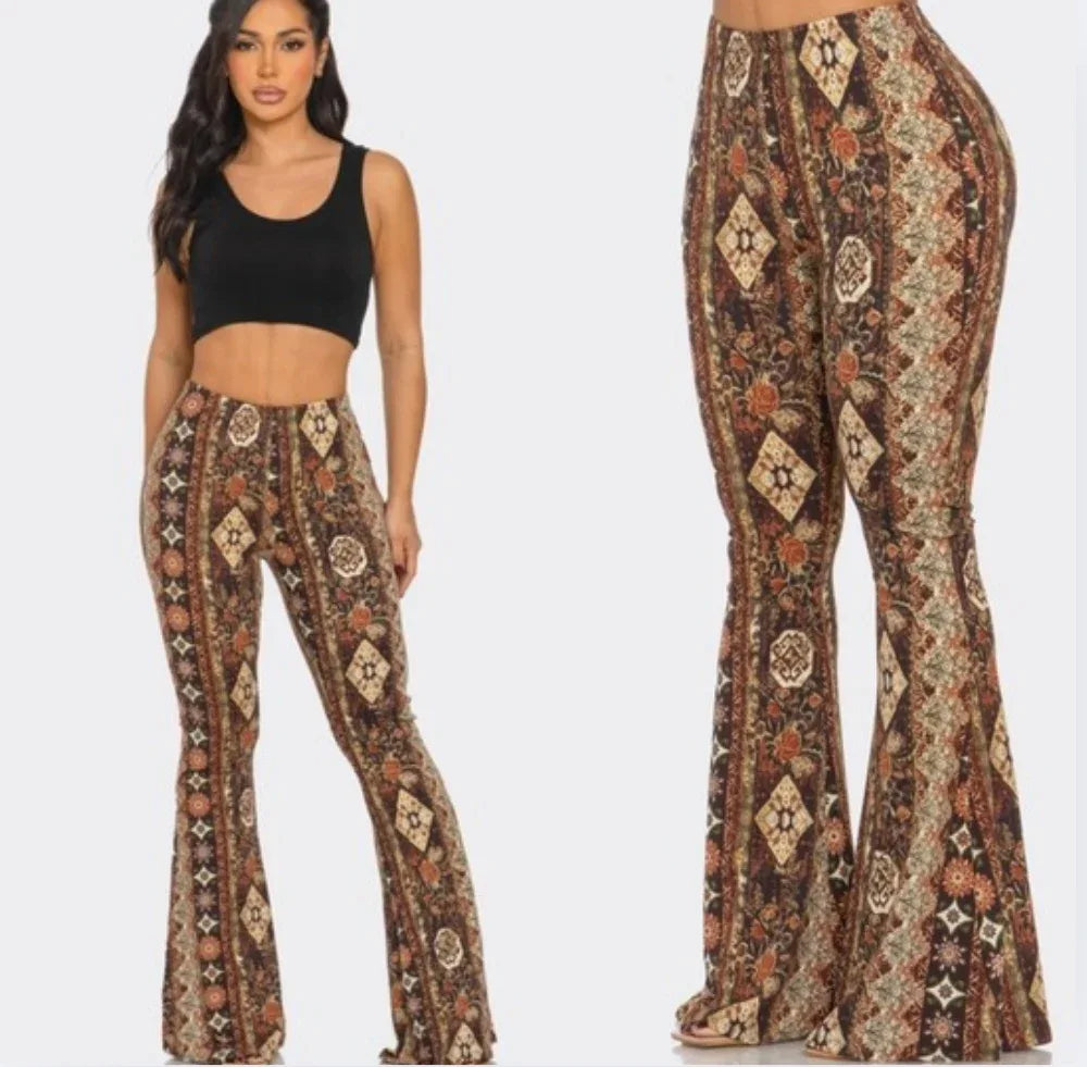 Boho print flare pants, close view of high waist and flowing wide bell-leg silhouette