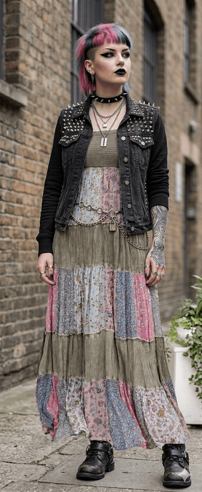 Punk Rock aesthetic - a woman wearing a boho core patchwork dress with a black studded moto  jacket and bright color dyed col hair standing against a brick wall.
