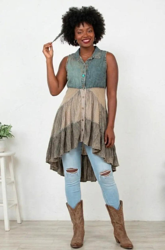 Latte denim & boho tunic: sleeveless button-front top, tiered peplum hem