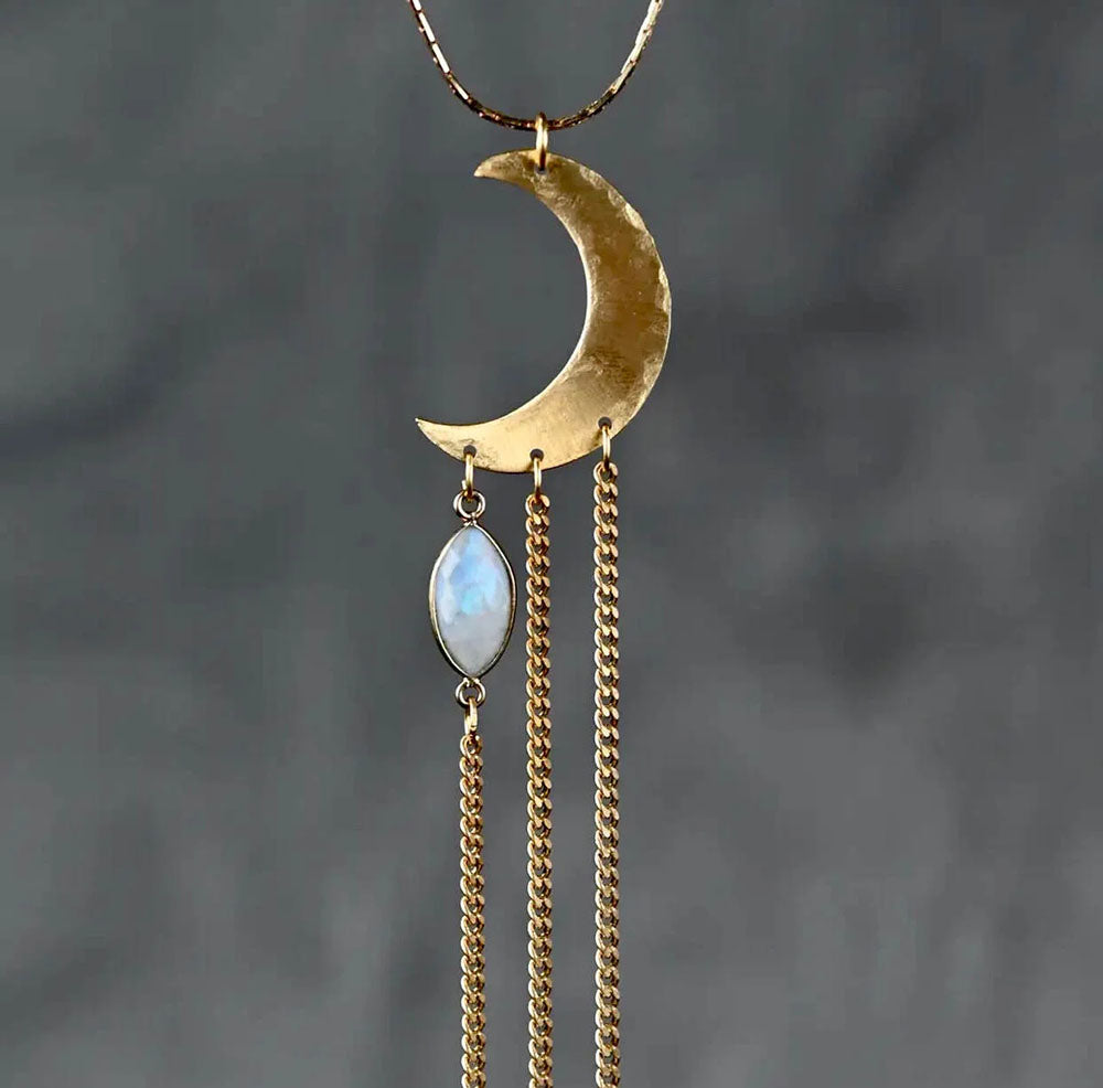Brass Hammered Crescent Moon with Moonstone Necklace