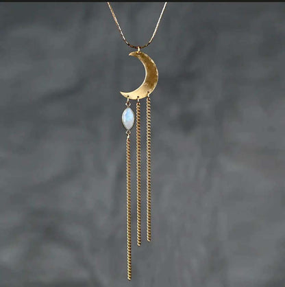 Brass Hammered Crescent Moon with Moonstone Necklace