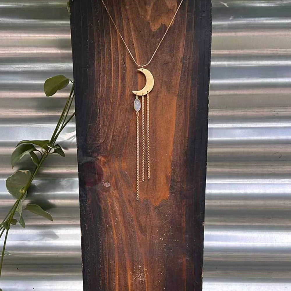 Brass Hammered Crescent Moon with Moonstone Necklace