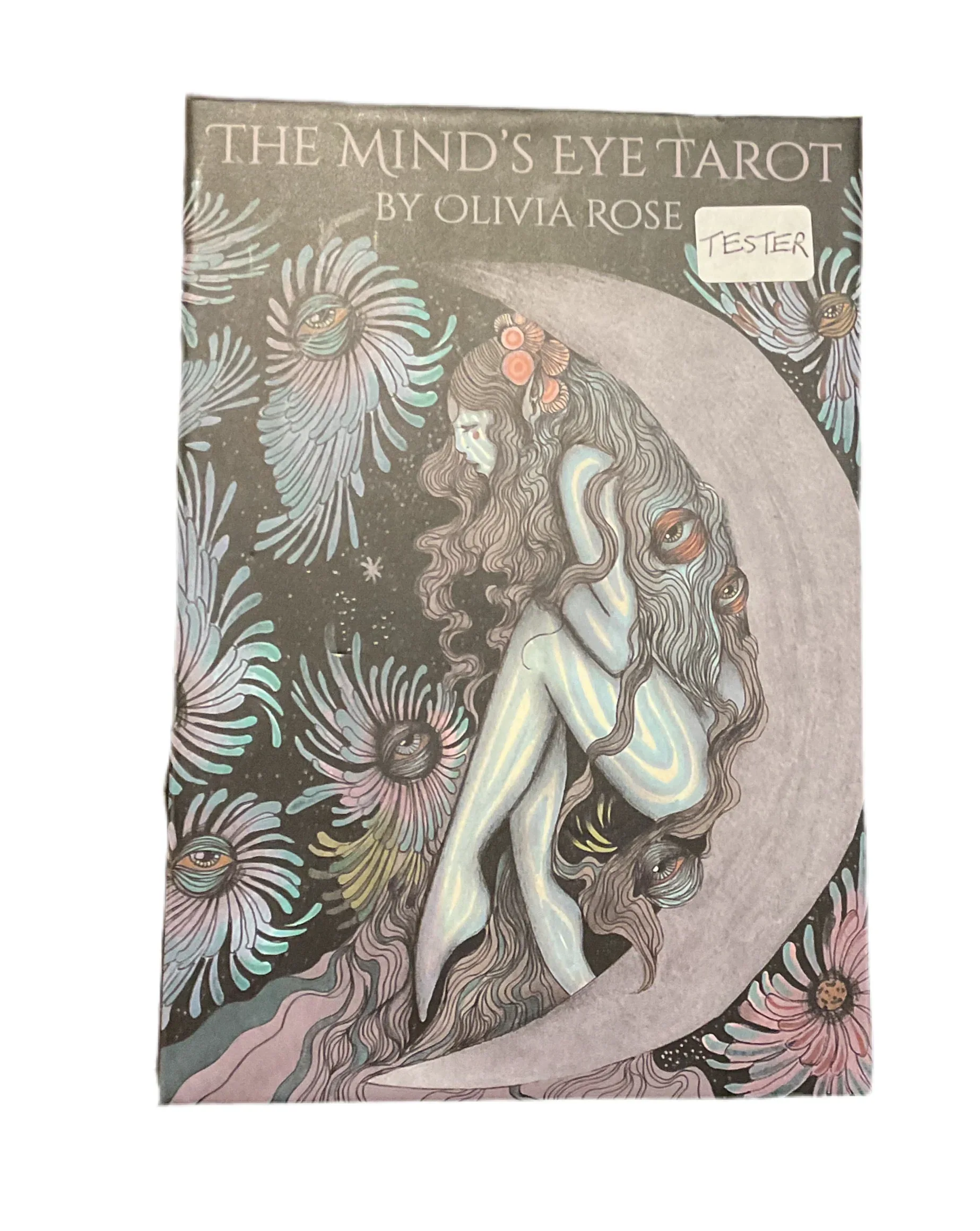 Tarot deck cover featuring moon woman, floral eye motifs, and 'Mind’s Eye Tarot' text.