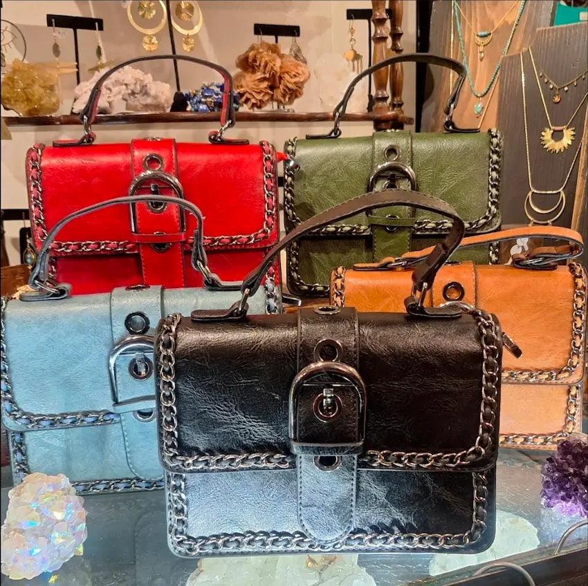 Chain Trimmed Classic Edge Handbag: red, green, black and blue styles with chain detail