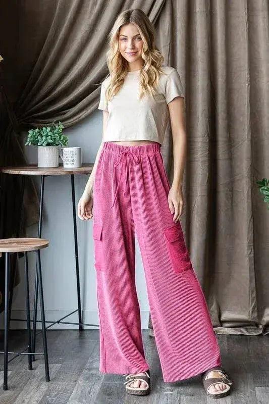 Cozy ribbed cargo pants in neutral tone, front view — Urban Princess Boutique