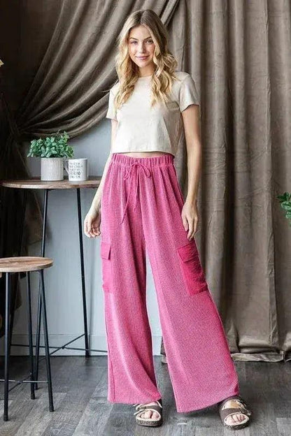 Cozy ribbed cargo pants in neutral tone, front view — Urban Princess Boutique