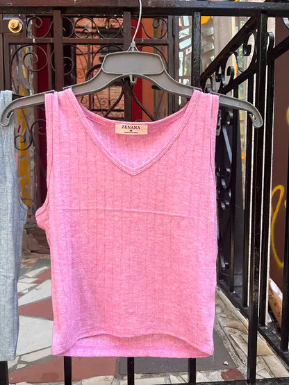 Pink ribbed crop tank with V-neck