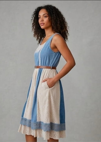 Full front view of model wearing the layered denim midi sundress, styled with white boots, outdoors with greenery/trees