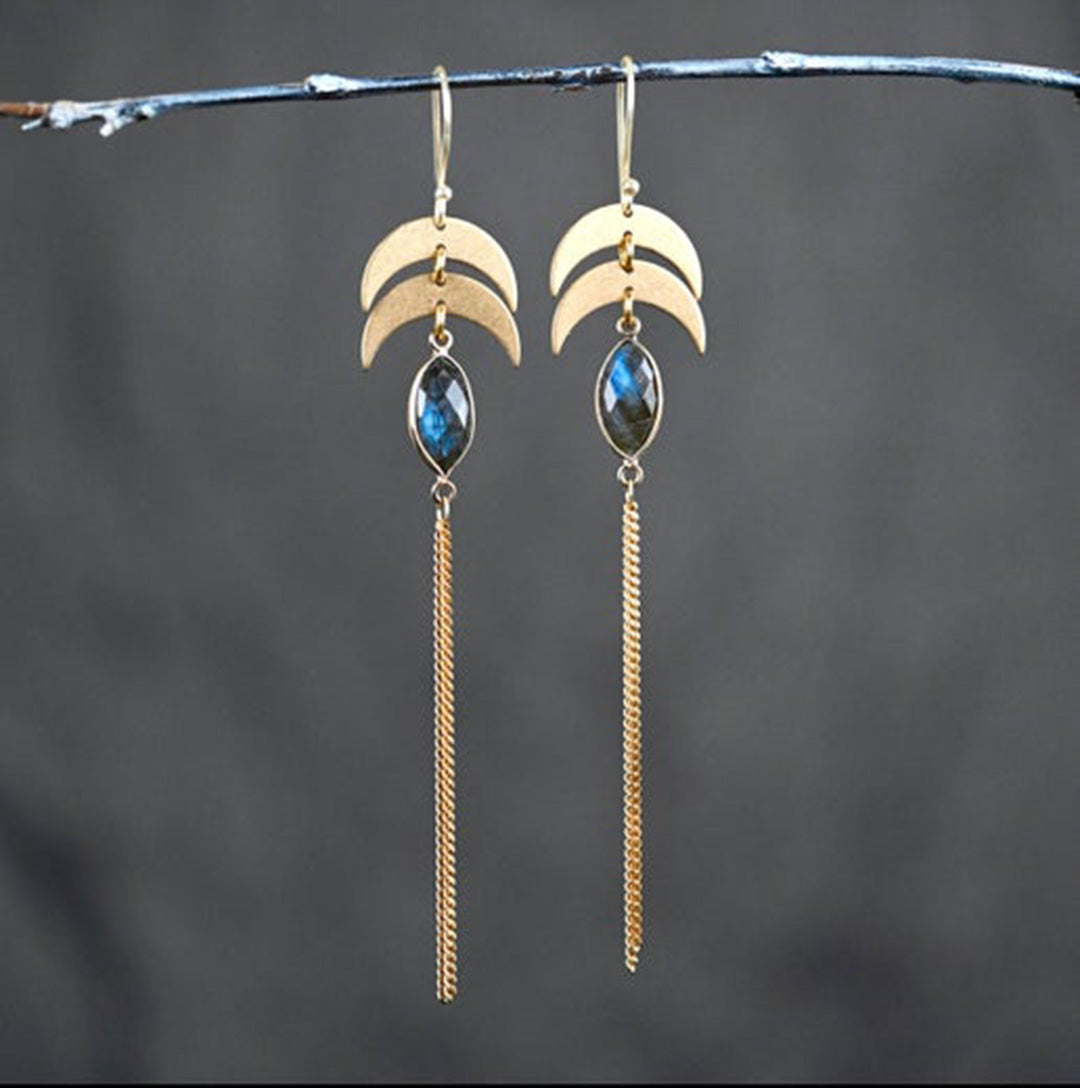 Double Moon w/ Tassel & Labradorite Earrings