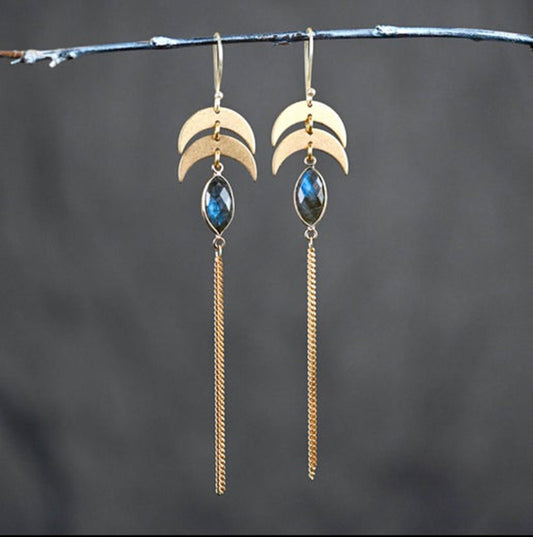 Double Moon w/ Tassel & Labradorite Earrings