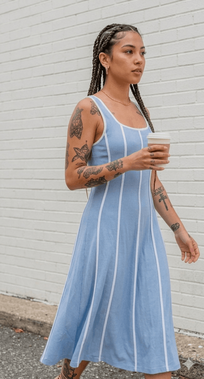 Vestido midi celeste con rayas blancas verticales, escote cuadrado y falda con vuelo