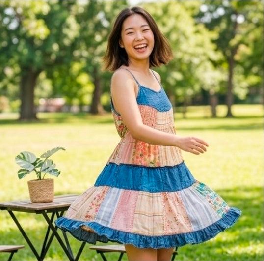 A fun summer picnic picturing a Woman in a colorful, boho summer dress. The denim and floral patchwork turns this into a flirty, festival worthy fit doing a twirl