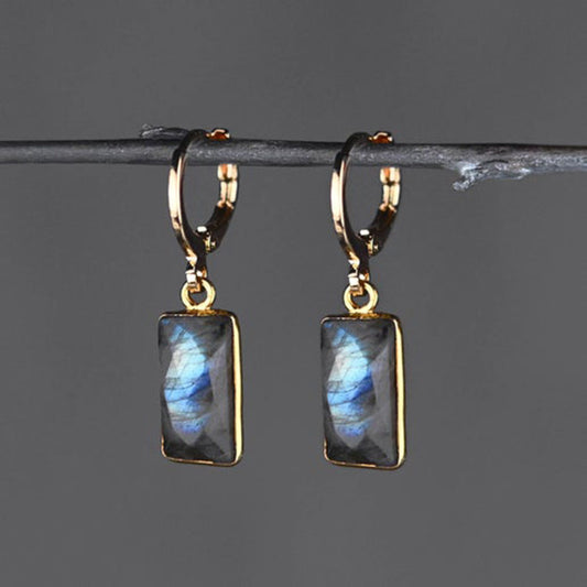 Gold Huggie Rectangle Semi Precious Crystal Earrings