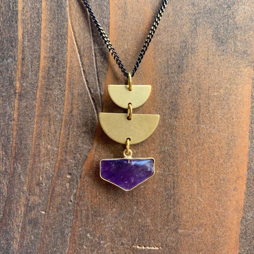 Two Half Circles & Amethyst Shield Necklace