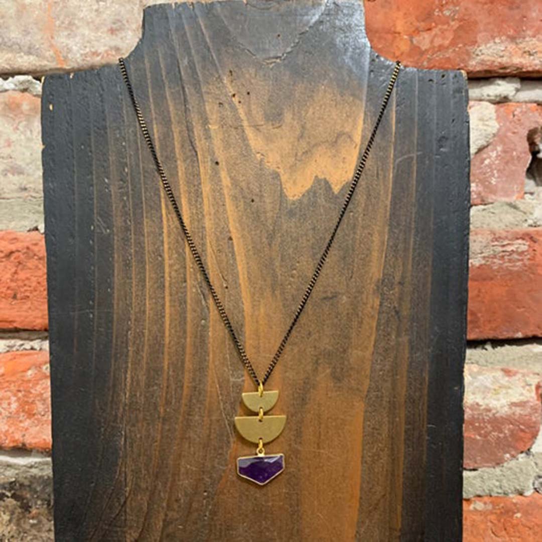 Two Half Circles & Amethyst Shield Necklace
