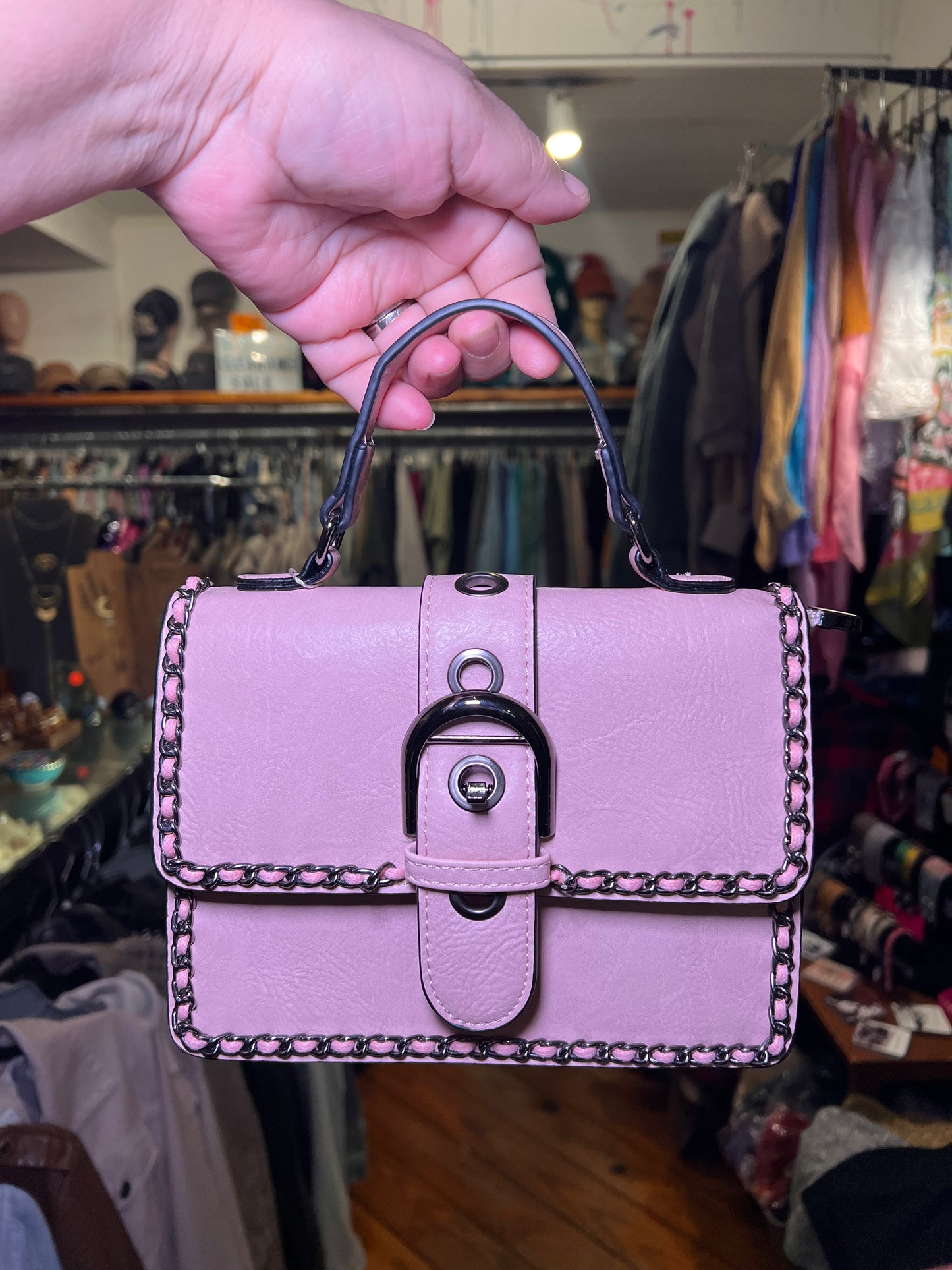 Chain Trimmed Classic Edge Handbag in light purple with chain strap and lock clasp