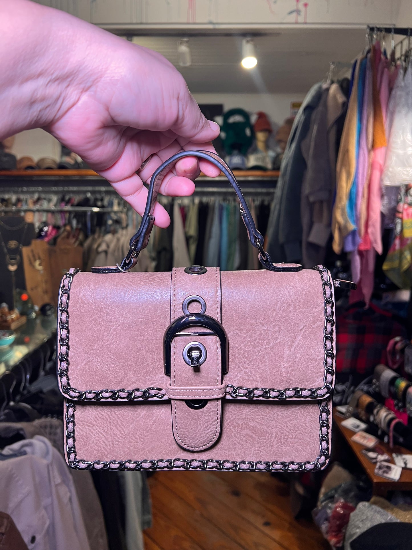 Chain Trimmed Classic Edge Handbag in blush pink with chain strap and front lock clasp