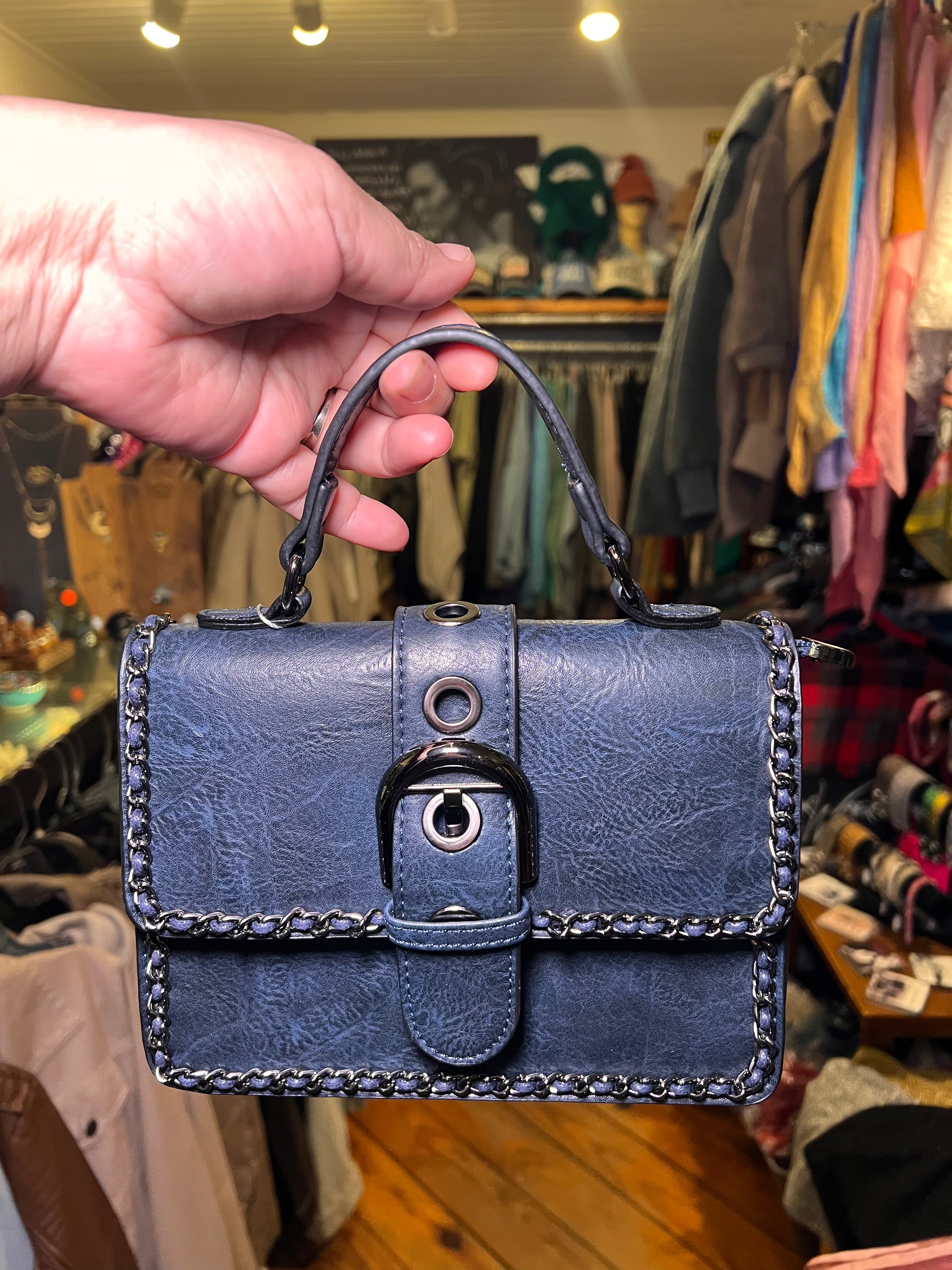 Chain Trimmed Classic Edge Handbag in denim-blue with chain strap and lock clasp