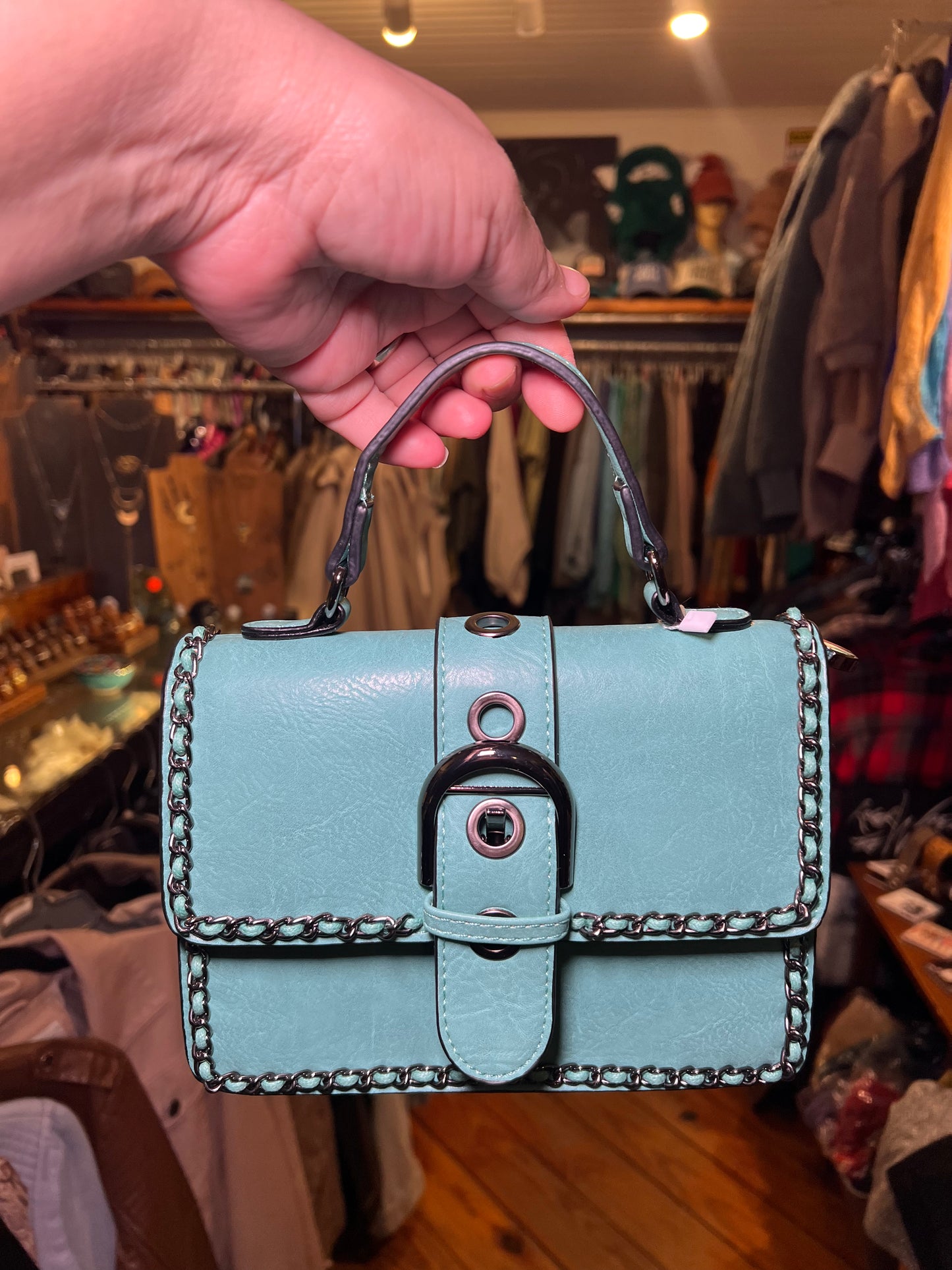 Chain Trimmed Classic Edge Handbag in light blue with chain strap and front lock clasp