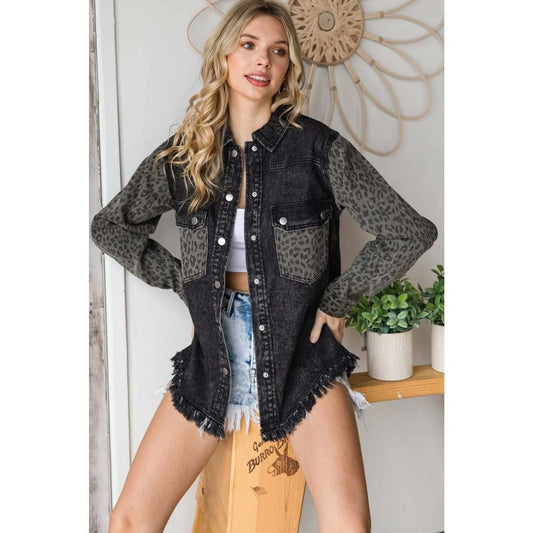 Leopard Splicing Black Denim Jacket