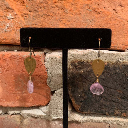 Light Amethyst Hammered Brass Teardrop Earrings