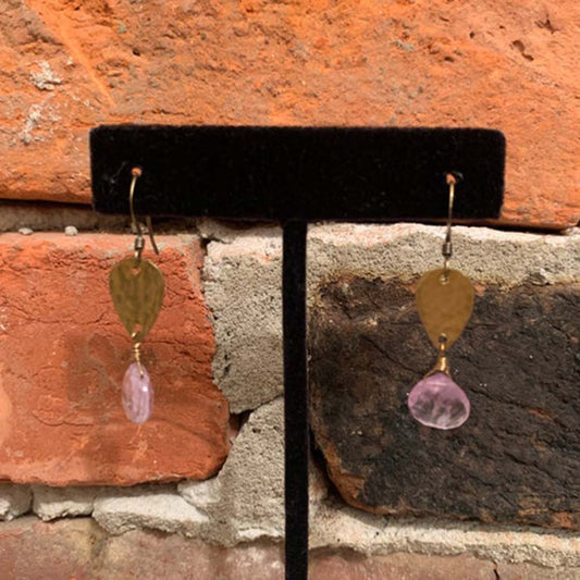 Light Amethyst Hammered Brass Teardrop Earrings
