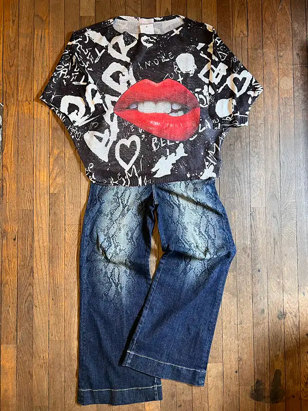 Dark wash snakeskin-print jeans, straight-leg fit