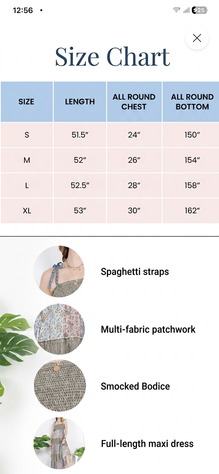 Size chart for a garment with measurements in inches