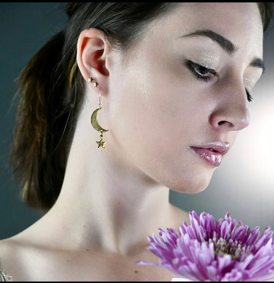 Moon & Star Medium Size Brass Earrings
