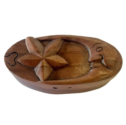 Moon & Star Carved Wooden Puzzle Secret Stash Box