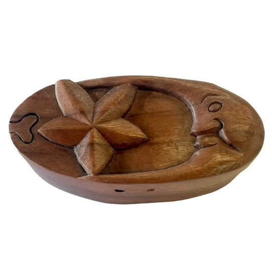 Moon & Star Carved Wooden Puzzle Secret Stash Box