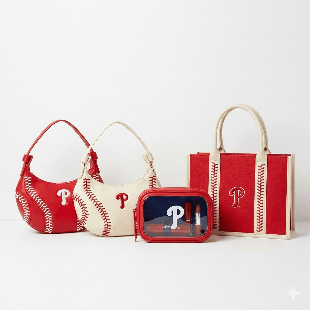 Licensed MLB Philadelphia Phillies handbags on a white background. 1 clear fanny pack with red case and red guitar strap. a red and a white hobo bag with baseball stitching and a stitched red and white tote bag.  they all have crossbody straps inside.