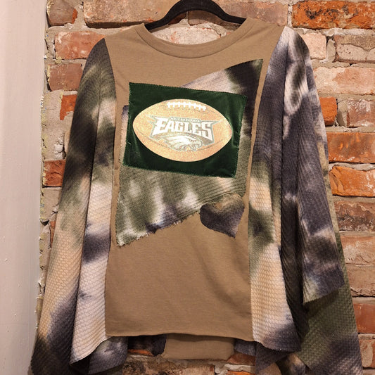 Handmade Philadelphia Eagles Poncho with patchwork or tie dyed thermal,  camo colors, tan tee shirt and sparkly Eagles football patch