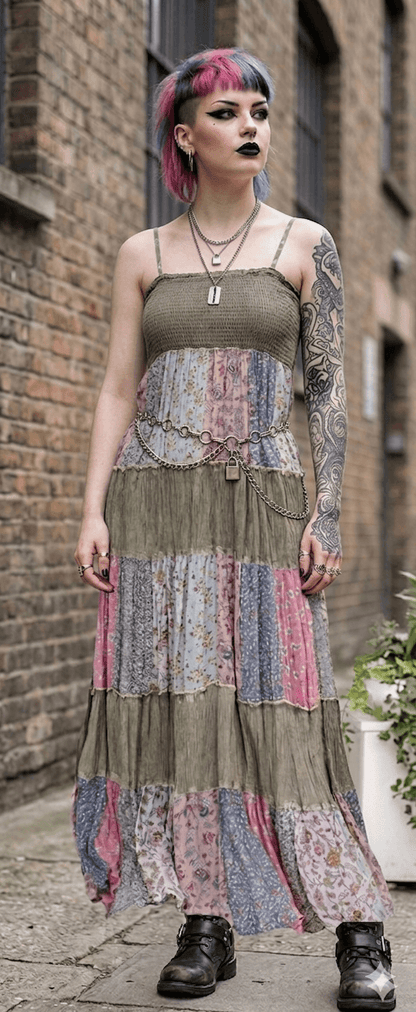 Boho tiered patchwork maxi sundress in earthy tones, styled with a punk edge to match her rainbow hair with a brick wall background