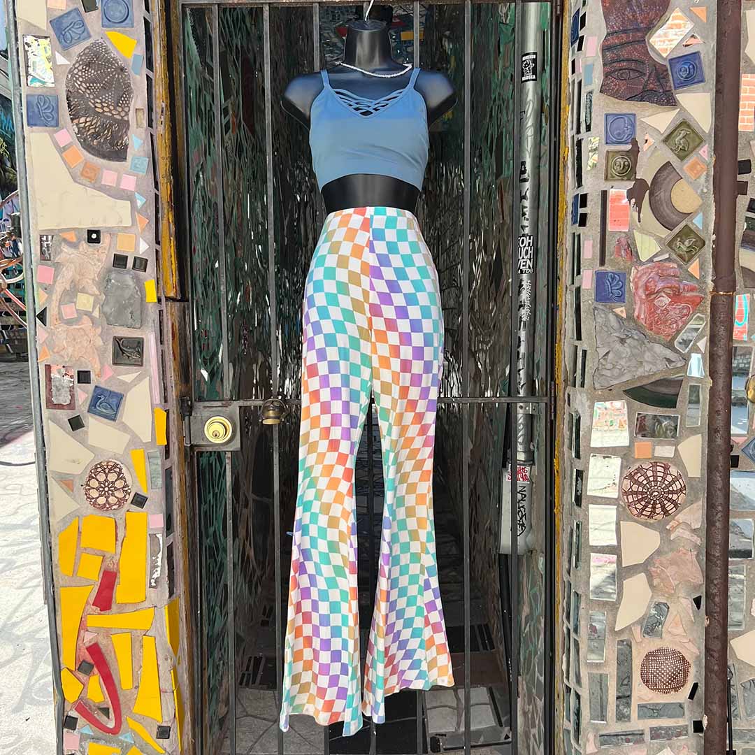 Rainbow Checkerboard Flare Pants