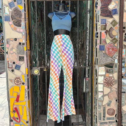 Rainbow Checkerboard Flare Pants