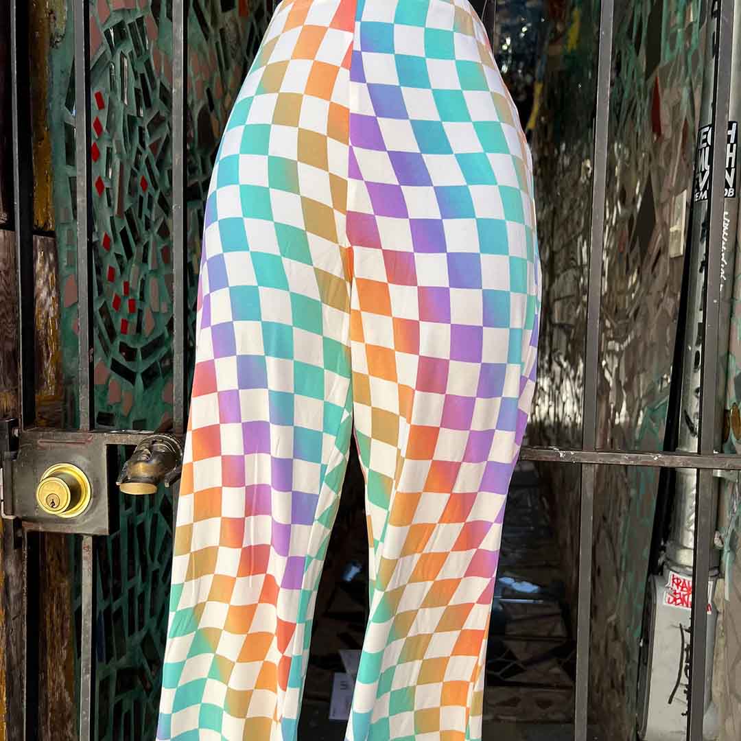 Rainbow Checkerboard Flare Pants