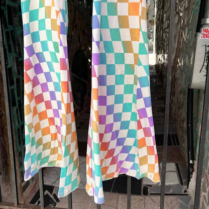 Rainbow Checkerboard Flare Pants