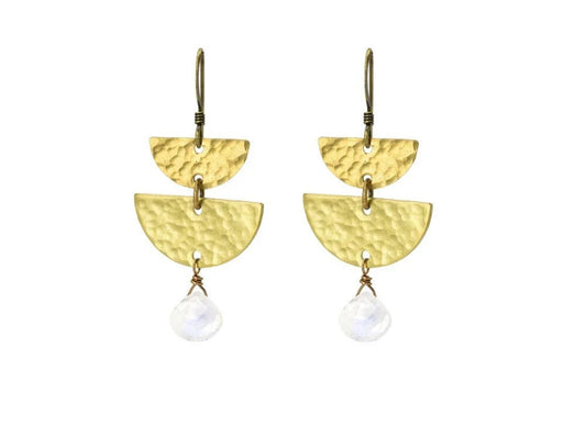 Rainbow Moonstone Dainty Half Moon Earrings