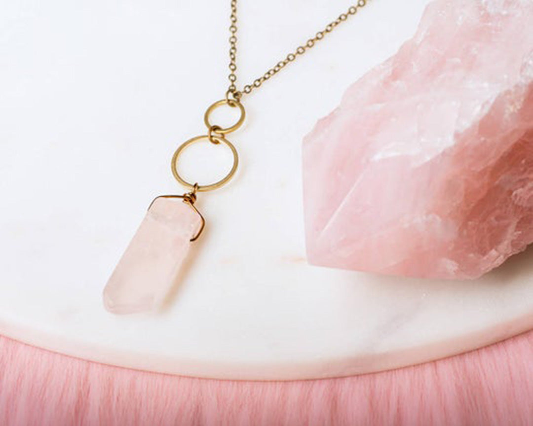 Rose Quartz Rectangle Stone Necklace with Circles