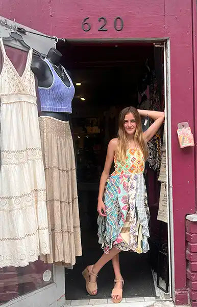 Upcycled scarf dress, sleeveless multicolor patchwork with ruffled hem