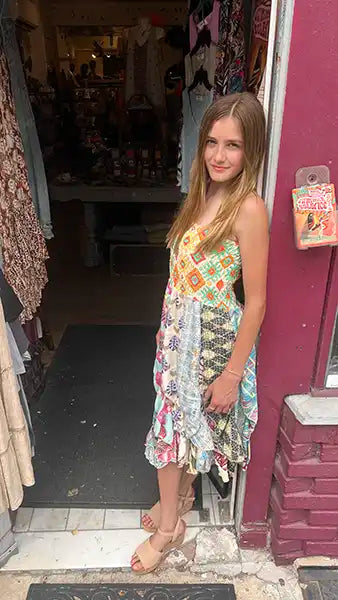 Upcycled scarf dress, patterned sleeveless dress with tiered ruffles at hem