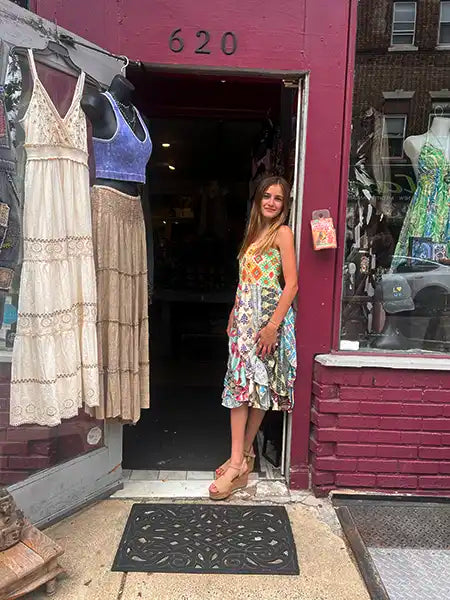 Upcycled scarf dress, sleeveless multicolor scarf-style patchwork mini dress