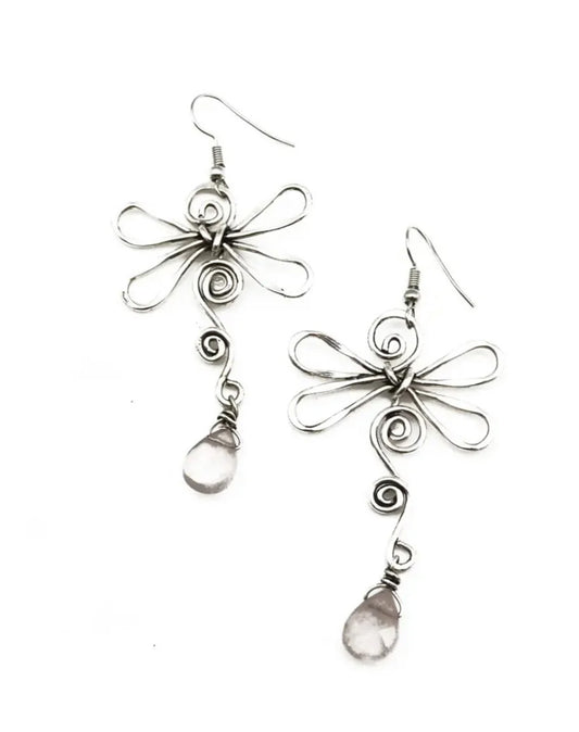 Wire Wrapped Silver Dragonfly Earrings w/ Quartz